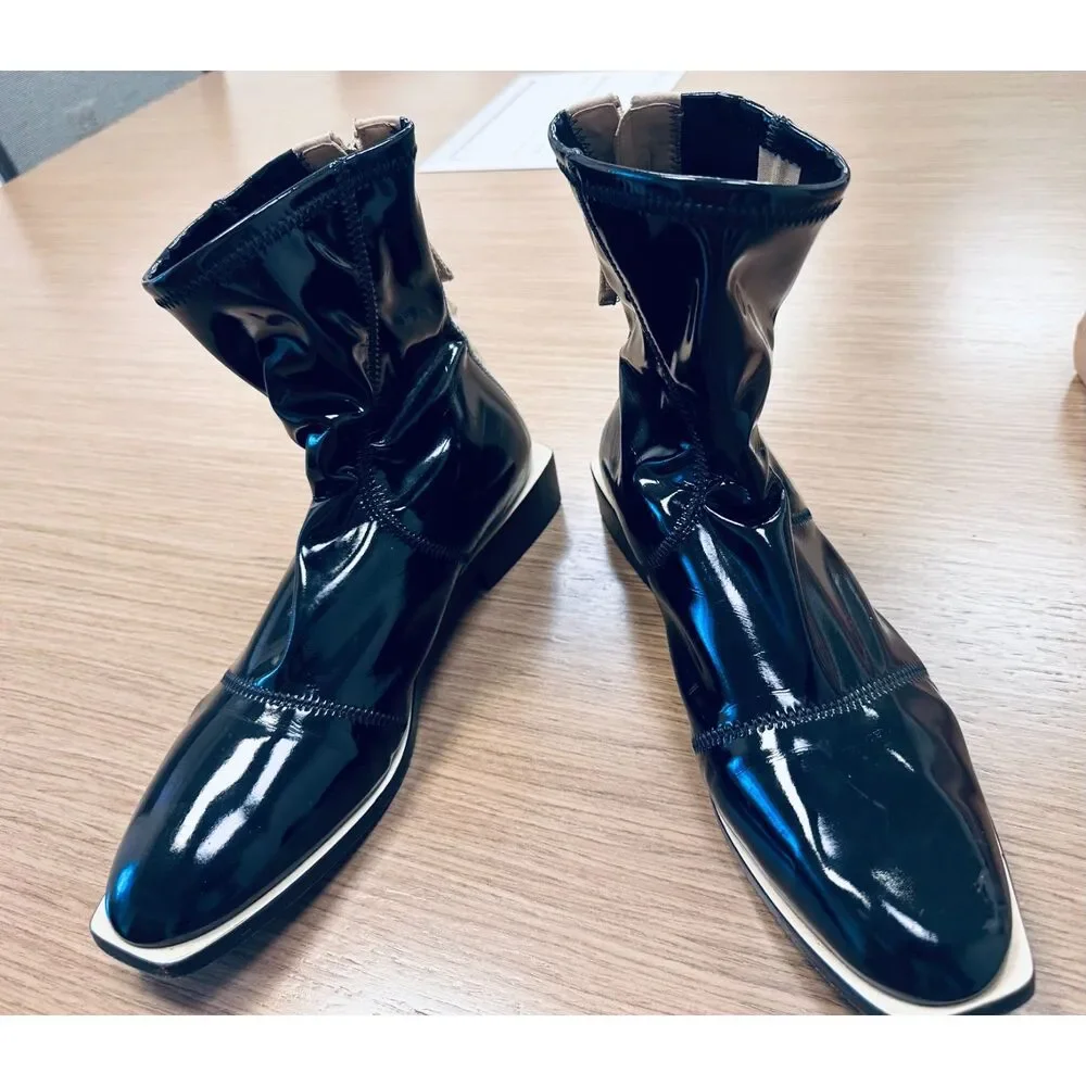 FENDI Fframe Patent Leather Neoprene Glossy Black Square Toe Ankle Boots Sz 10.5